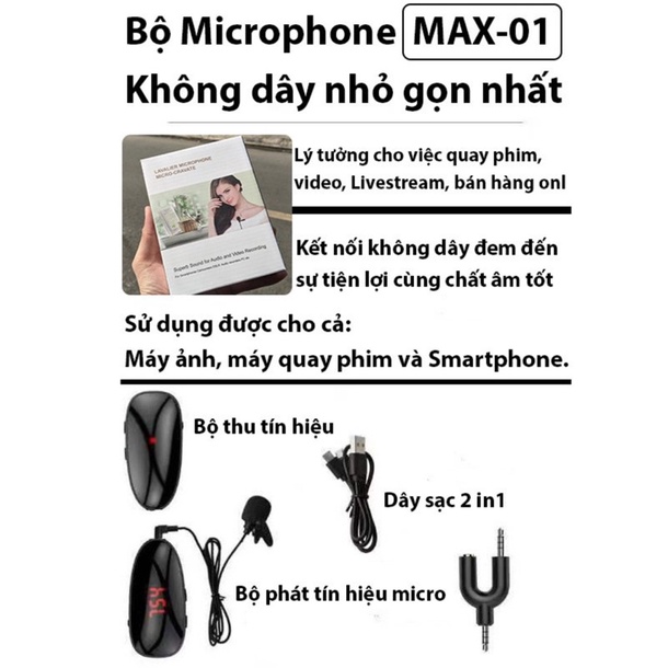 Micro thu âm cài áo đa năng bluetooth Max 01 - Điện Thoại, Máy Ảnh DSLR, Máy Quay, Hỗ trợ live, trợ giảng, thuyết trình