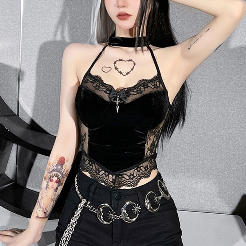 Áo Croptop Sát Nách Phối Ren Hoa Thiết Kế Hở Lưng Quyến Rũ