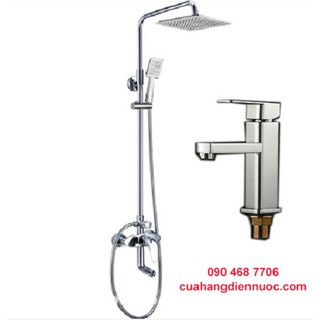 Combo bộ sen cây vuông kèm vòi chậu rửa mặt vuông nóng lạnh cao cấp SC04-SNL16