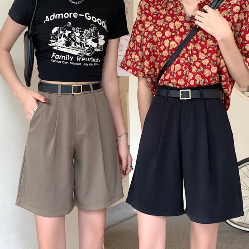 Quần Đùi Thời Trang Phong Cách Hàn Quốc 185266 Quần Short Ống Rộng Lưng Cao Màu Sắc Đơn Giản Cho Mùa Hè