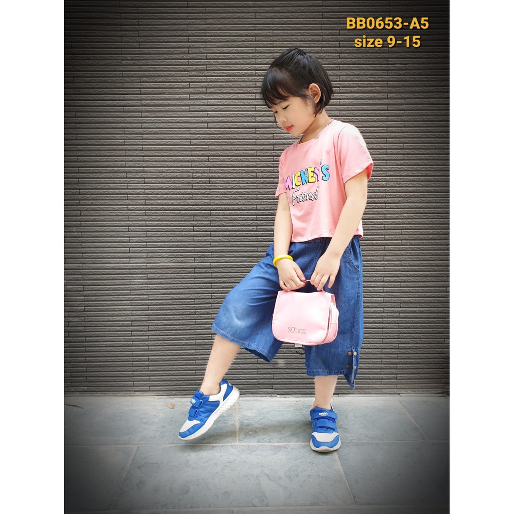 BB0653-A3 - Bộ bé gái cotton quần jean xẻ lai , in Mickeys , màu trắng  , size nhỡ 9t-15t