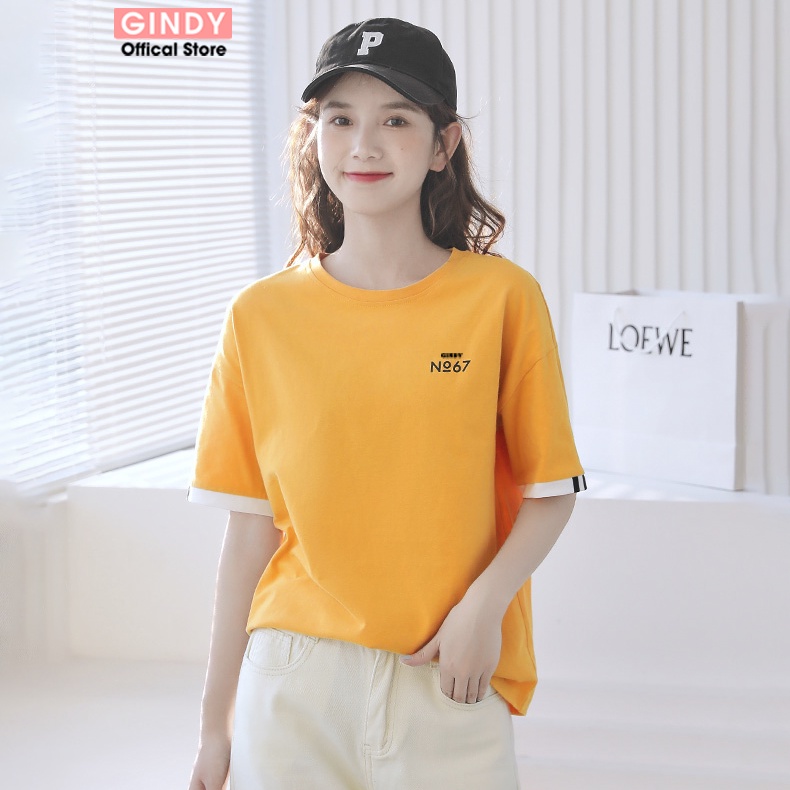Áo thun nữ form rộng tay lỡ GINDY cổ tròn dáng basic unisex vải cotton co giãn, thoáng mát A6142
