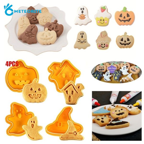Set 4 Khuôn Cắt Bánh Quy Bằng Nhựa Họa Tiết Hoạt Hình 3D Phong Cách Halloween