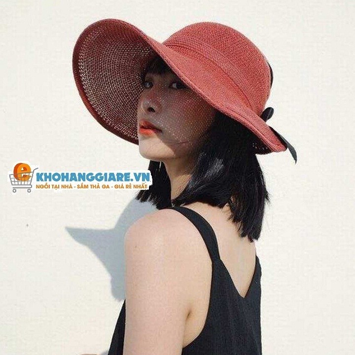 Mũ cói nửa đầu có nơ, vành rộng ,Chất đẹp Đặc biệt gấp thoải mãi không hỏng
