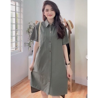 Váy sơ mi đũi thô viền chỉ nổi