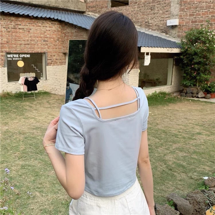 Áo Thun Ngắn Tay Cổ Vuông Đính Nơ Thời Trang Mùa Hè 2022 Phong Cách Hàn Quốc Cho Nữ
