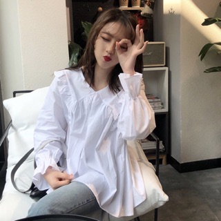 (Sẵn) Áo trắng dài tay bèo ulzzang / Áo sơmi babydoll ulzzang tay loe