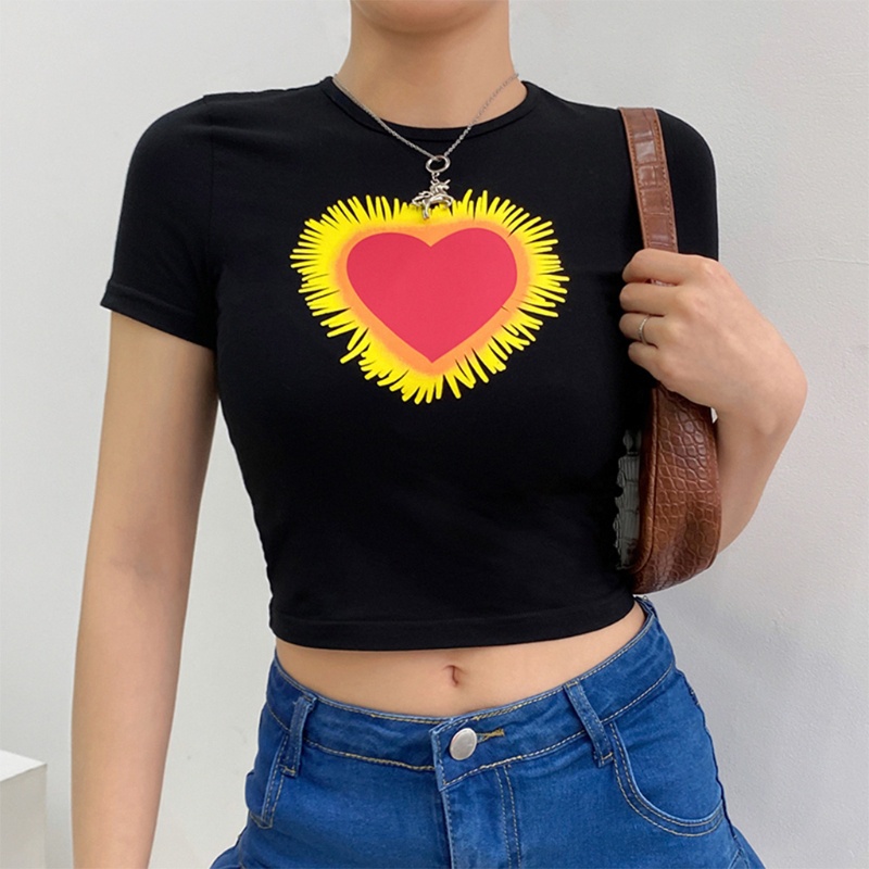 Áo Thun Tay Ngắn Cổ Tròn In Hình Trái Tim Phối Tua Rua Phong Cách Harajuku Dễ Thương Cho Nữ