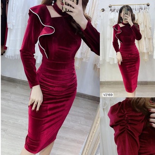 V2169 Váy body đỏ bèo vai cổ phối lưới
