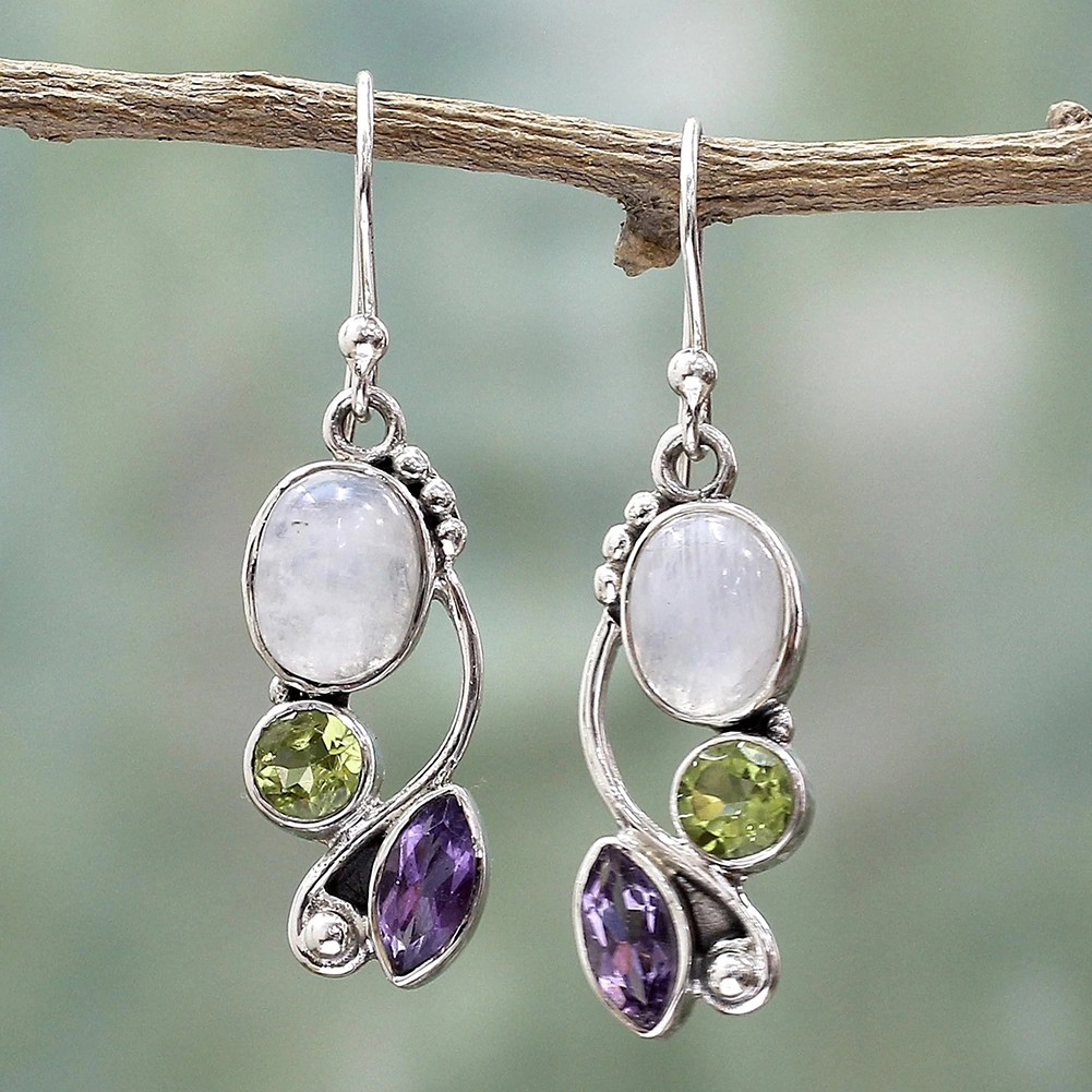 🍀Cochise🍀 Round Faux Moonstone Emerald Amethyst Earrings