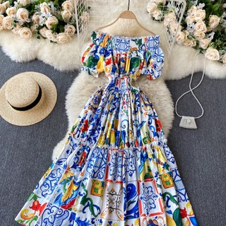 đầm xoè trễ vai bo eo thun qc