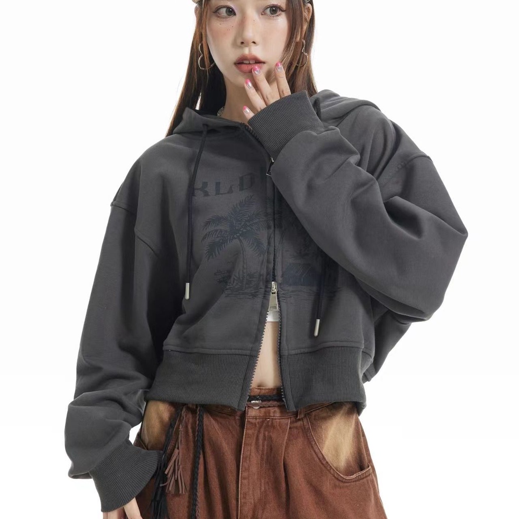 Áo Khoác Cardigan Có Khóa Kéo Đôi Phong Cách Đường Phố Retro Mỹ Bán Chạy Màu Xám Ngắn Mùa Thu Cho