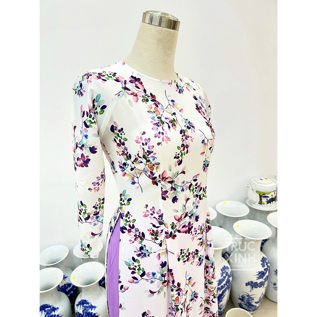 Áo dài lụa trắng in họa tiết hoa nhí lá nhí tím - Áo tay bồng tay phồng In hoa mẫu đơn