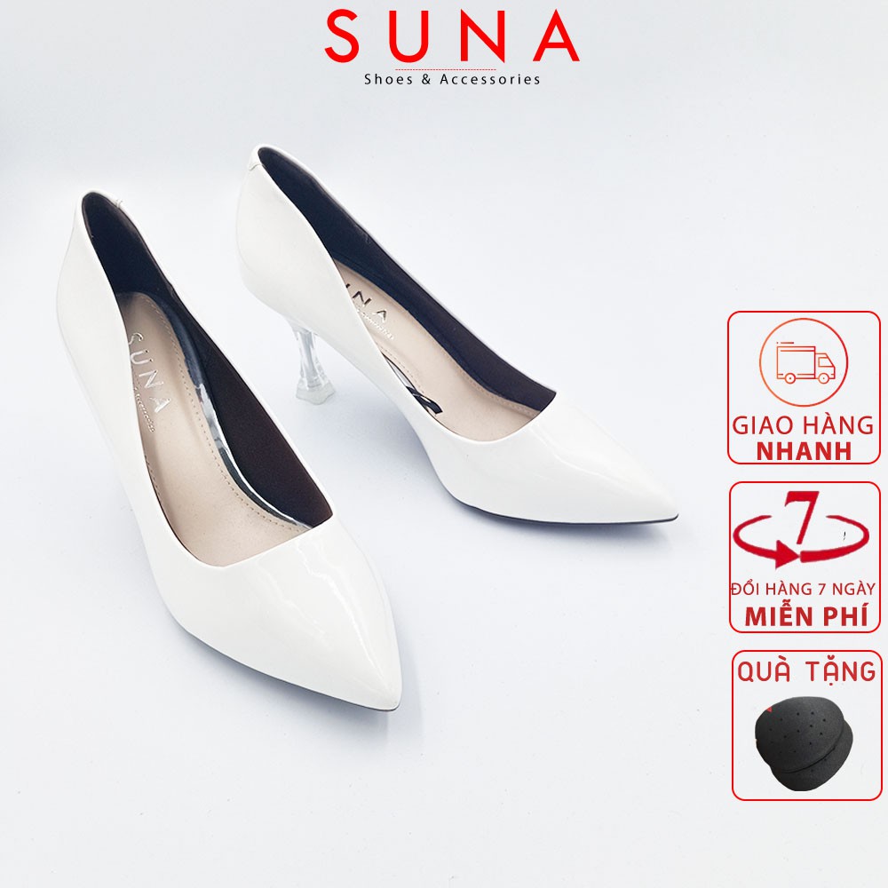 Giày cao gót công sở nữ gót cách điệu bọc mica cao 7cm da bóng thời trang SUNA - D790