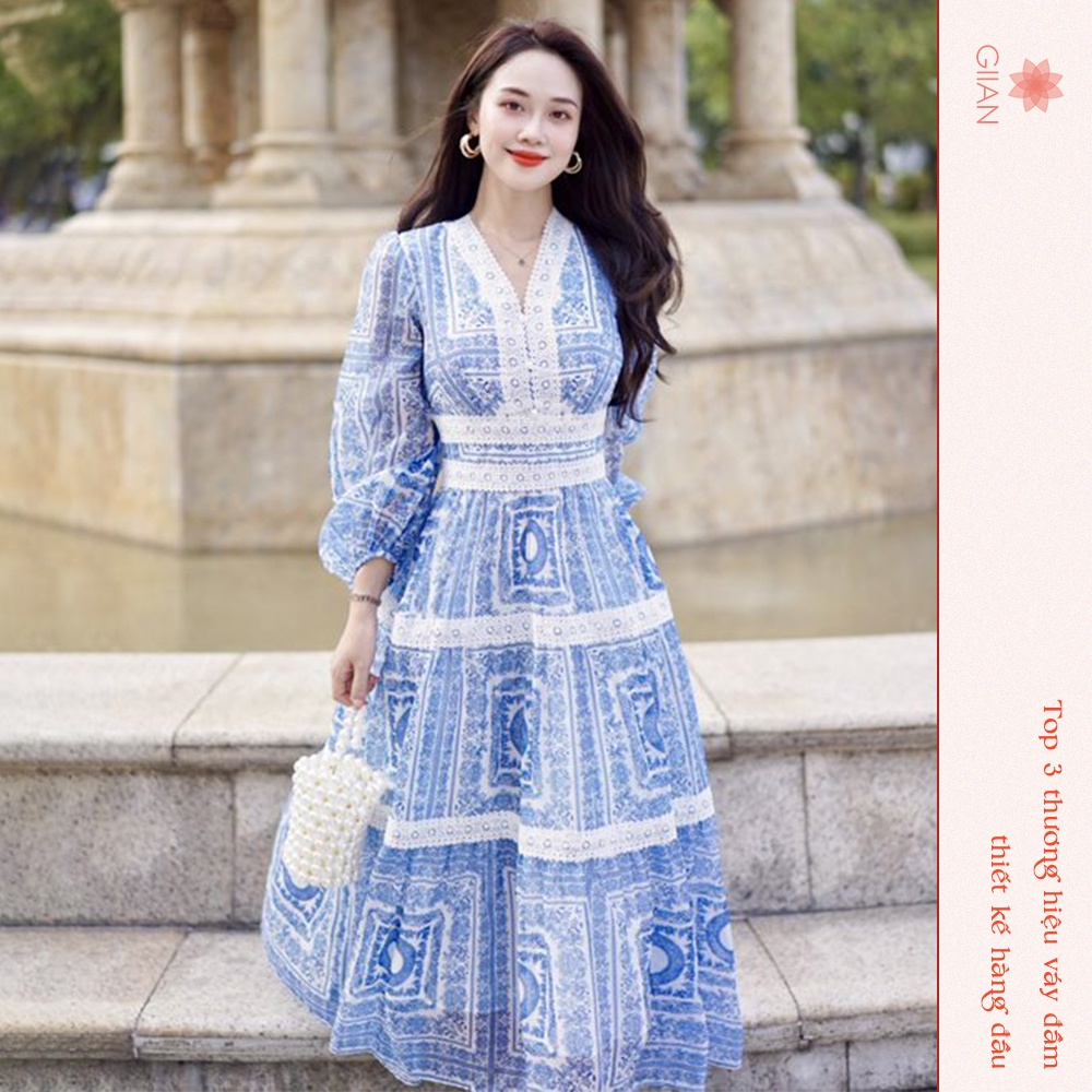 Váy đi biển dáng dài họa tiết in thổ cẩm phối ren xanh, đầm maxi cổ V khoét chéo chính hãng GIIAN GV2515