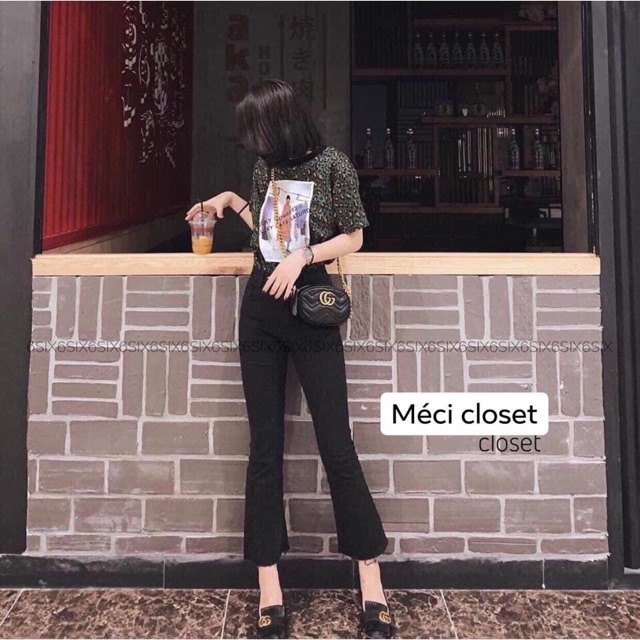 Quần bò đen ống loe rách gấu 936
