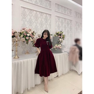 Đầm nhung đỏ dáng xoè dài tay tiểu thư hàng cao cấp