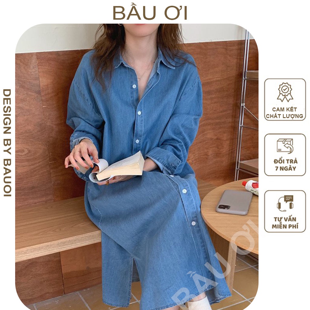 [BAUOII V117] VÁY BẦU THU ĐÔNG DÀI TAY CHẤT BÒ SIÊU ĐẸP - ĐẦM BẦU SƠ MI JEAN DÁNG SUÔNG RỘNG MẶC TRẺ TRUNG NĂNG ĐỘNG
