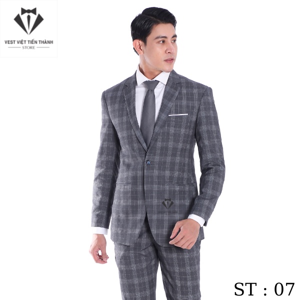 Bộ vest đen kẻ caro vải cashmere cao cấp vest việt tiến thành