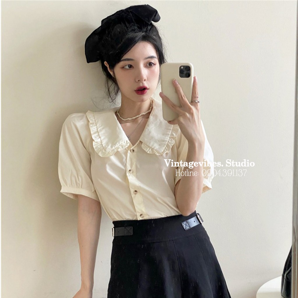 Áo babydoll cổ bèo phối khuy tay bồng Ulzzang (hàng QC) - Ảnh thật