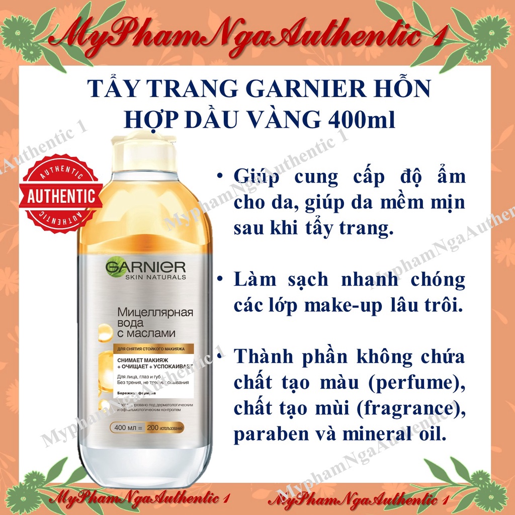 Nước Tẩy Trang Garnier vàng 400ml. Tẩy trang sâu giúp da mềm mịn.