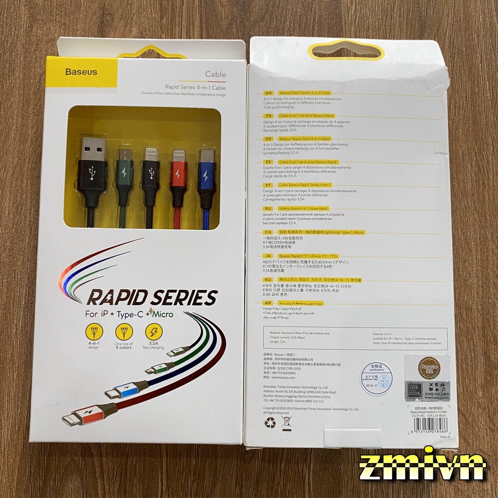 Dây cáp sạc Baseus 4 in 1 Type-C, 2 Lighning, Micro USB, cho iPhone/ iPad