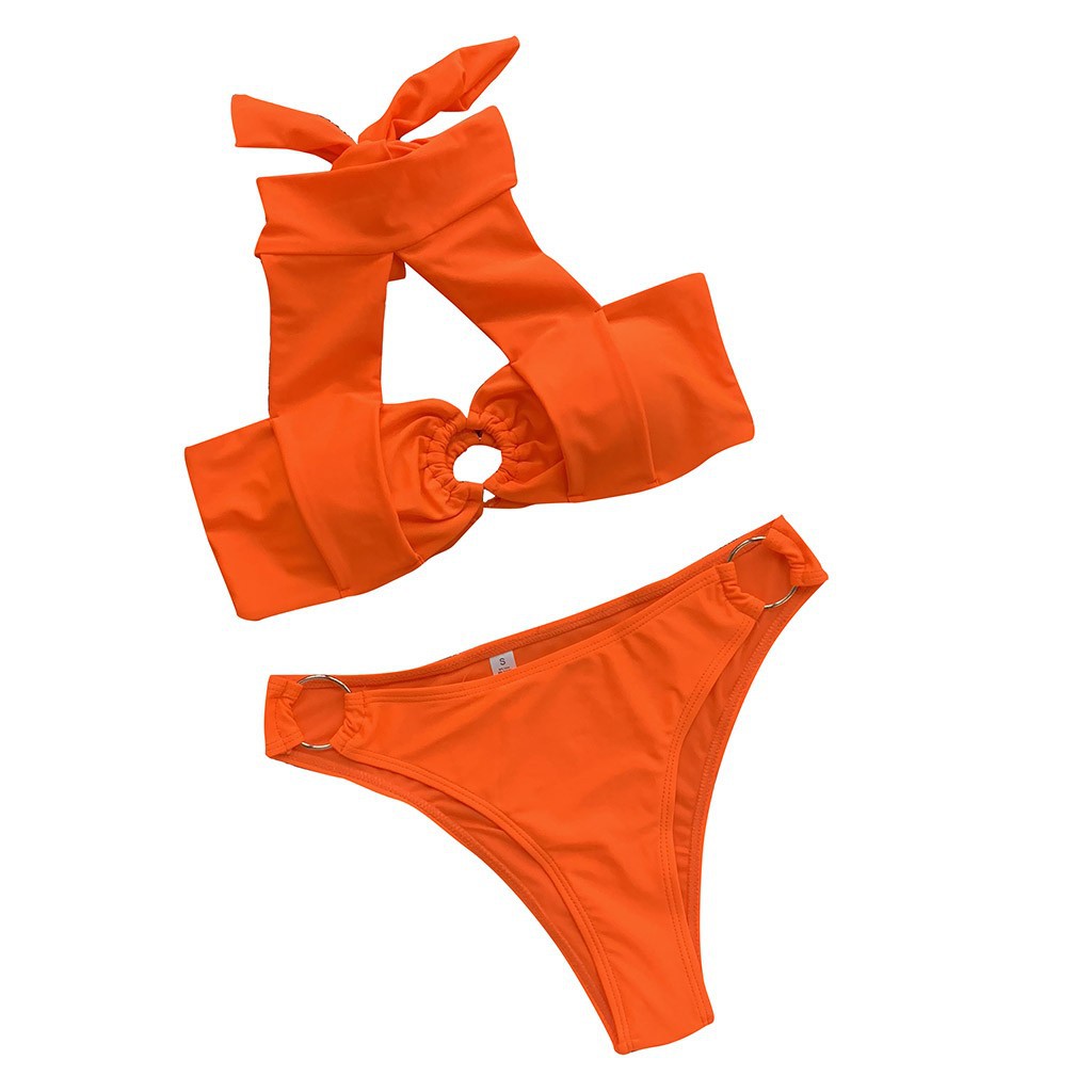 ❦woharyday❦Women Strappy Two-Piece Swimsuit Backless Solid Steel Ring Bikini Set Beachwear | BigBuy360 - bigbuy360.vn