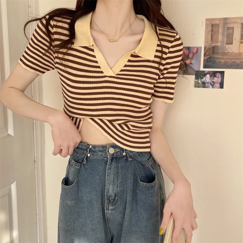 Áo polo croptop dệt kim kẻ ngang nữ kiểu cổ bẻ tay ngắn hàng Quảng Châu cao cấp