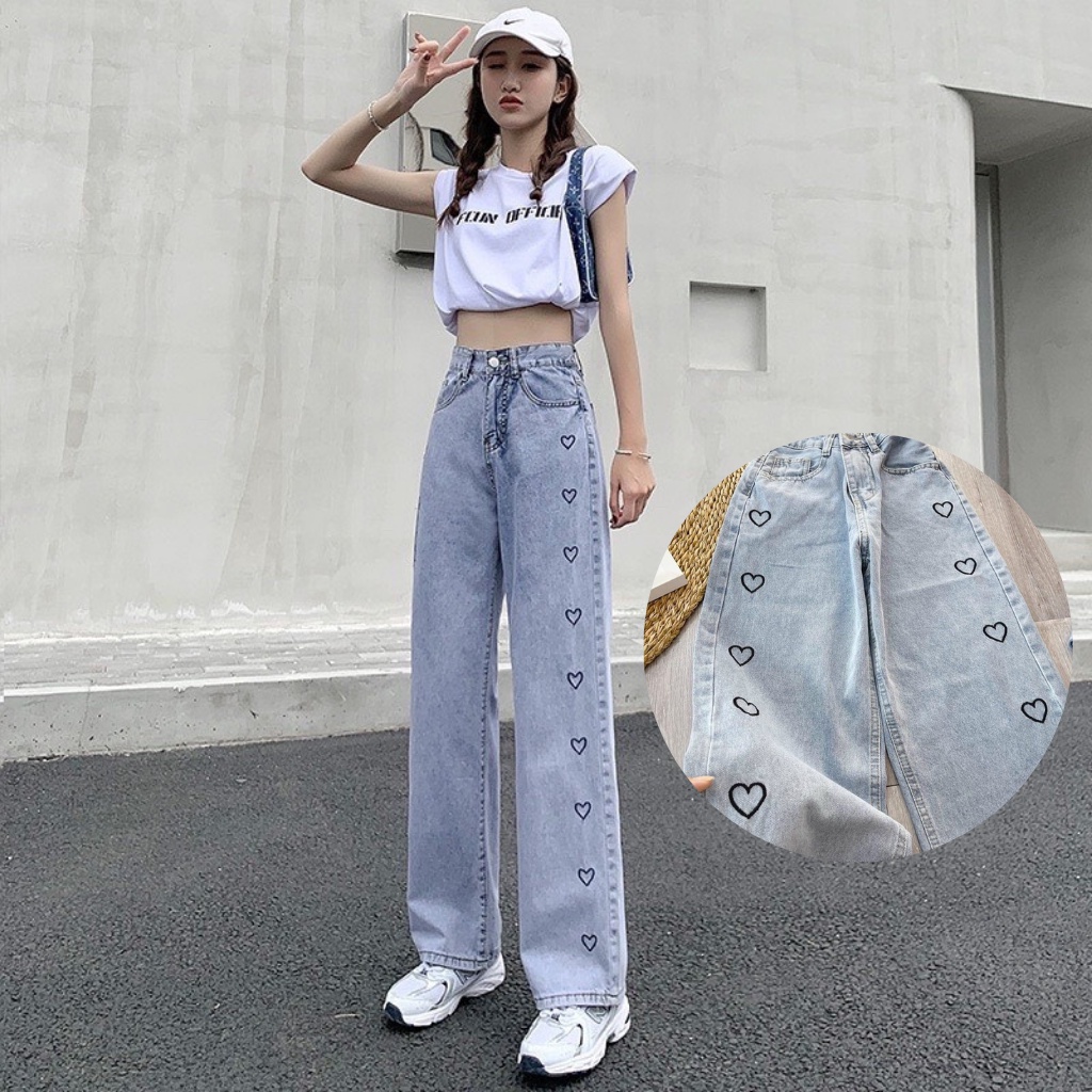 Quần Jean Nữ Ống Rộng Chất Bò Kèm Hoạ Tiết TRÁI TIM, Quần Ống Rộng Màu Xanh Form Dài 95Cm 525 437