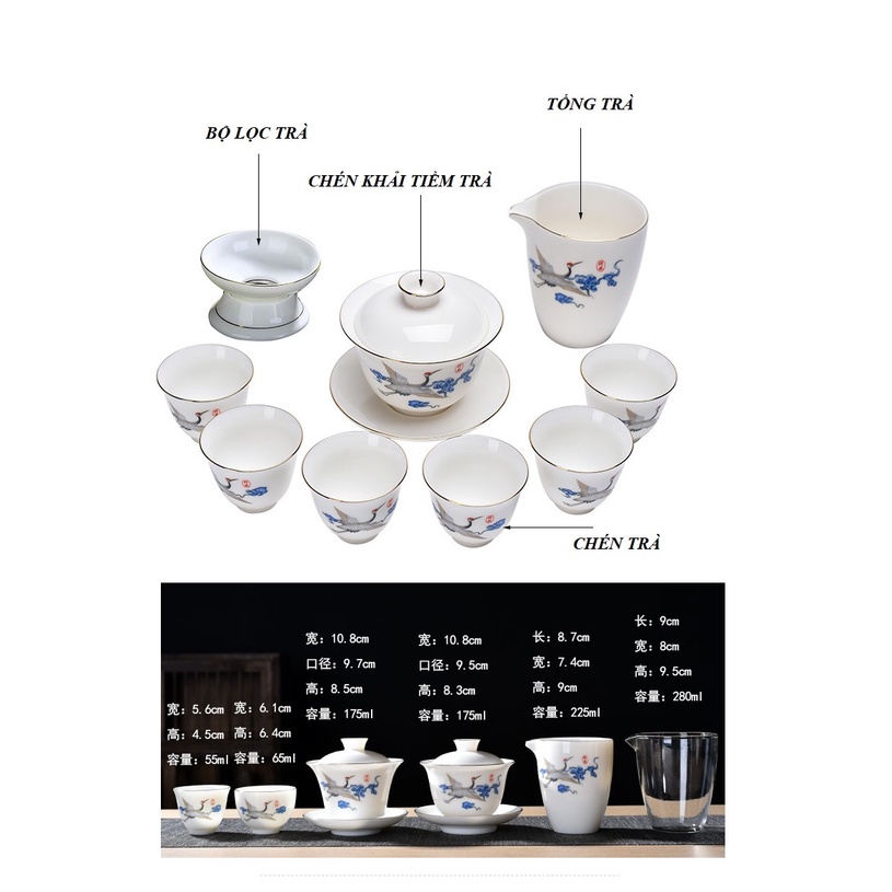 Bộ Ấm Chén Pha Trà Đạo Bằng Sứ Trắng Cảnh Đức Họa Tiết Hạc Tiên
