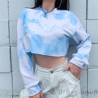 Áo dáng rộng cổ tròn tay dài thời trang họa tiết nhuộm tie-dye cho nữ