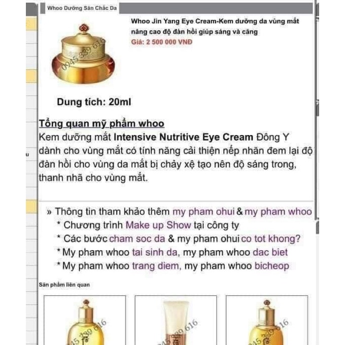 kem mắt Whoo vàng dưỡng ẩm chống lão hoá mờ thâm tan bọng mắt 1ml intensive Nutritive eye cream