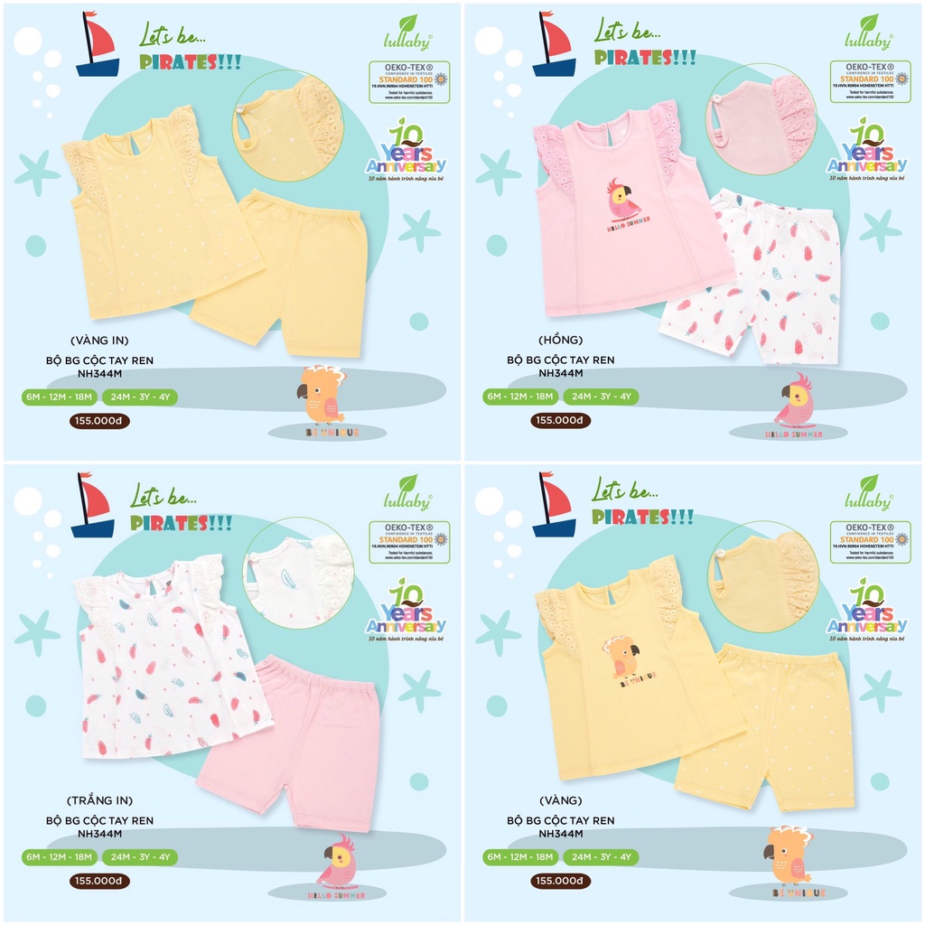 Bộ quần áo cộc tay sát nách cotton ren họa tiết bé gái Lullaby