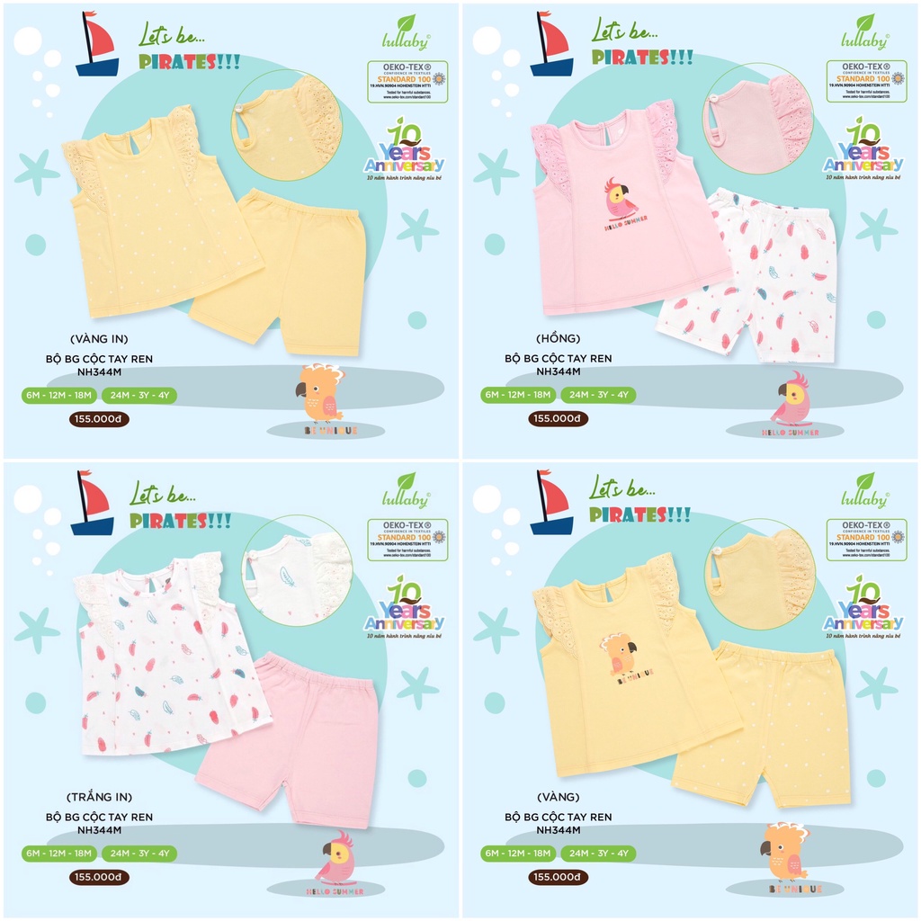 CHÍNH HÃNG Bộ quần áo cộc tay sát nách cotton ren họa tiết bé gái Lullaby