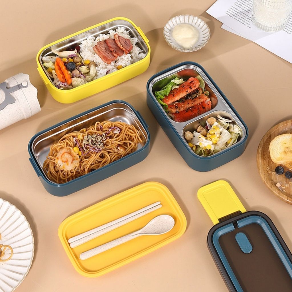 Hộp cơm văn phòng giữ nhiệt inox 3 ngăn, tặng kèm túi giữ nhiệt và đũa thìa - HC2T