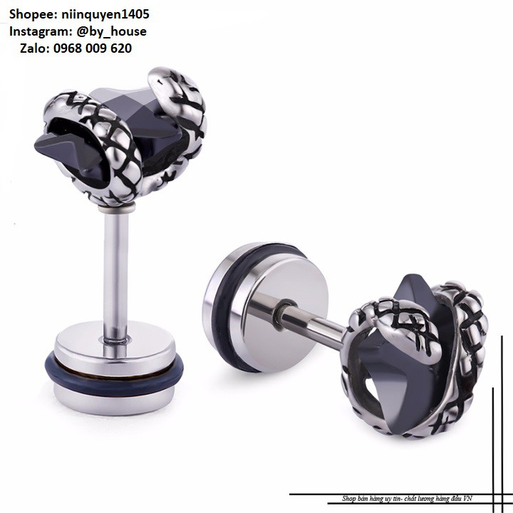 Khuyên tai titan rắn quấn ngôi sao đá đen không gỉ