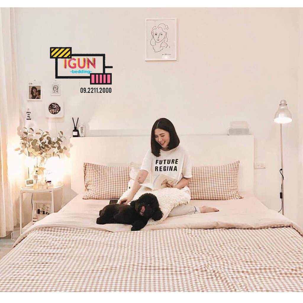 Bộ Chăn Ga Gối Cotton Poly set 4 món nhập khẩu CARO MUJI NÂU NHẠT