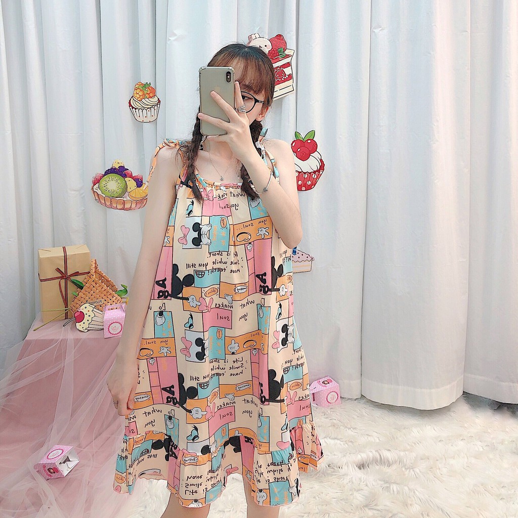 Đầm ngủ dễ thương 2 dây tiểu thư cute nữ cao cấp bigsize form rộng có mút ngực | BigBuy360 - bigbuy360.vn