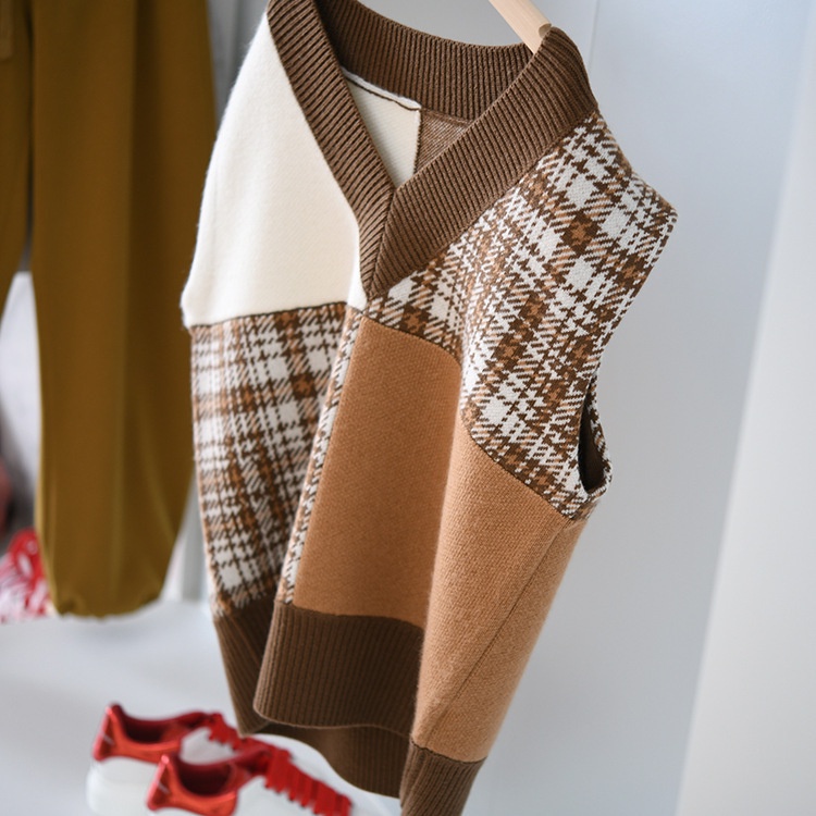 Áo len NZN không tay dáng rộng cổ chữ V họa tiết sọc caro 2 màu phong cách retro độc đáo