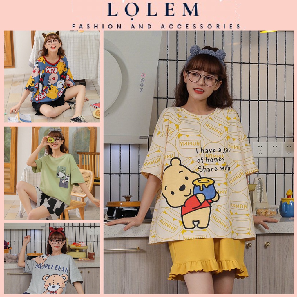 Bộ Đồ Ngủ Nữ Mặc Nhà, Bộ Mùa Hè Nữ Cổ Tròn Tay Ngắn Chất Cotton Mềm Mát Họa Tiết Dễ Thương