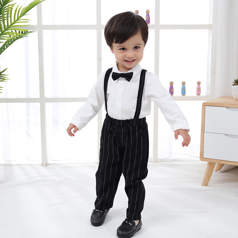 Đồ bộ bé trai, Set công tử dài tay quần yếm sọc nơ cài cực đẹp cho bé từ 7 đến 18 kg, SUN KID'S
