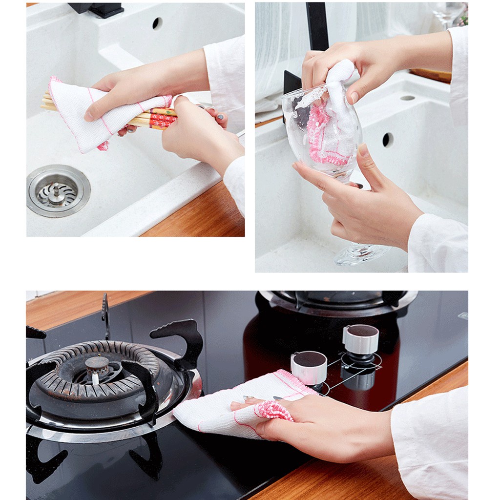 Khăn đa năng vải xô 5 lớp chần bông lau bếp, cốc chén thấm nước chống dính dầu mỡ
