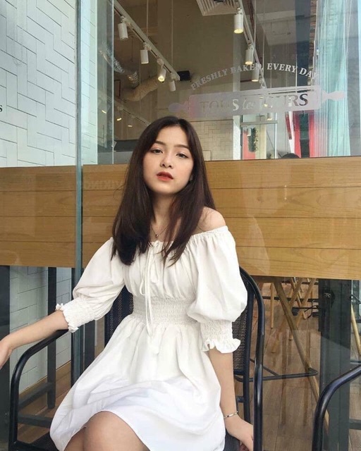 ĐẦM TRẮNG TRỄ VAI BO CHUN EO DANIS DRESS- đầm xuông bo eo trễ vai - cổ vuông ulzzang(KÈM ẢNH THẬT)