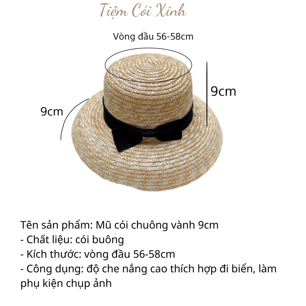 Mũ cói sợi lúa mì phom cứng, nón chuông nơ dễ thương