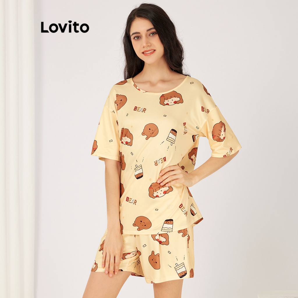 Bộ đồ ngủ Lovito dáng rộng cổ tròn kiểu mặc chui đầu họa tiết hoạt hình xinh xắn cơ bản L23AD107 (màu vàng)