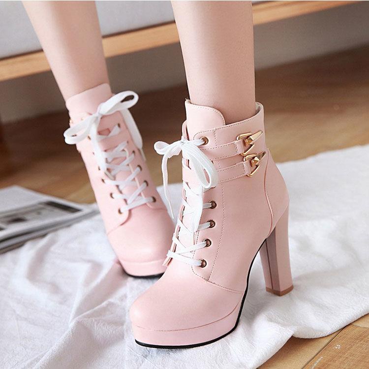 Giày Bốt Martin Cao Gót Cổ Cao Đến Mắt Cá Màu Hồng Phối Khóa size Lớn 33-43 Phong Cách Anh Quốc Thời Trang Thu Đông