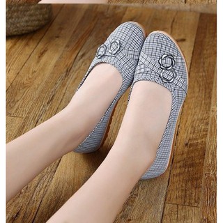 Giày lười nữ vải mềm mũi tròn đế bệt cao 2cm đen cam