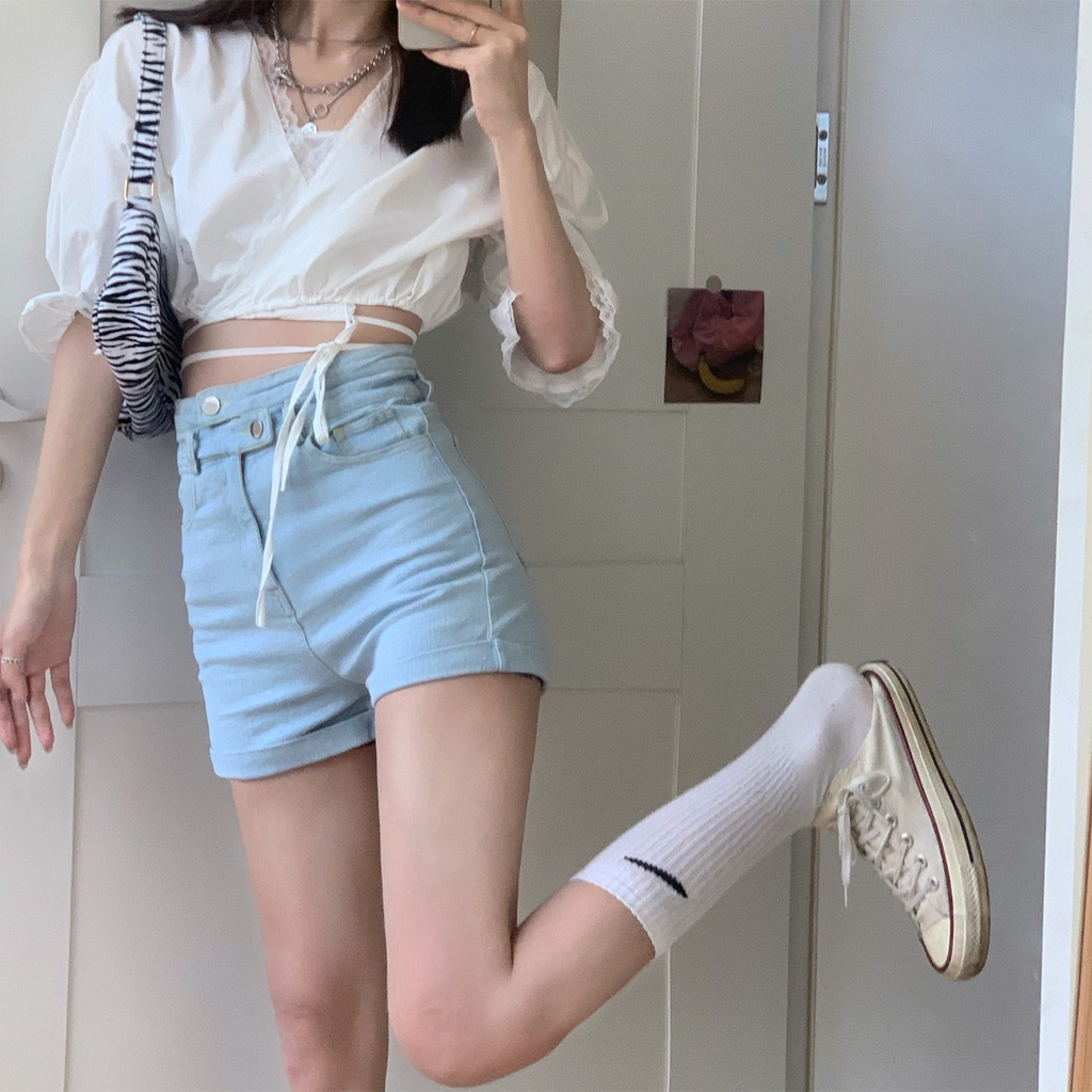 Quần Short Jeans Lưng Cao Thời Trang Cho Nữ