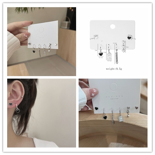 Set 6 Khuyên Tai Hình Trái Tim Màu Đen Phong Cách Retro