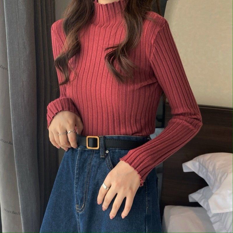 Áo Dệt Kim Cổ Lọ Tay Dài Dáng Ôm Họa Tiết Kẻ Sọc Thời Trang Mùa Đông Cho Nữ